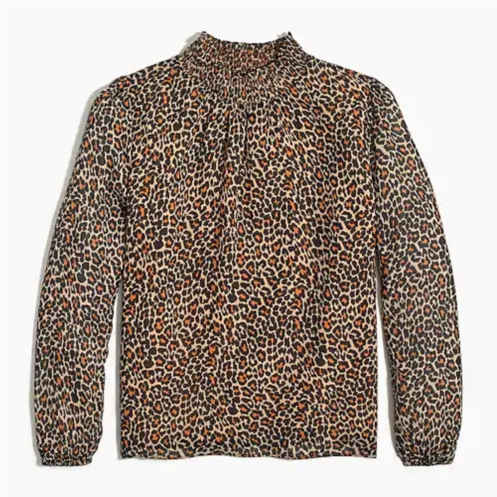 J Crew Leopard Smocked Shirt, Color Tiber Leopard Black Khaki, Size XXS, NWT